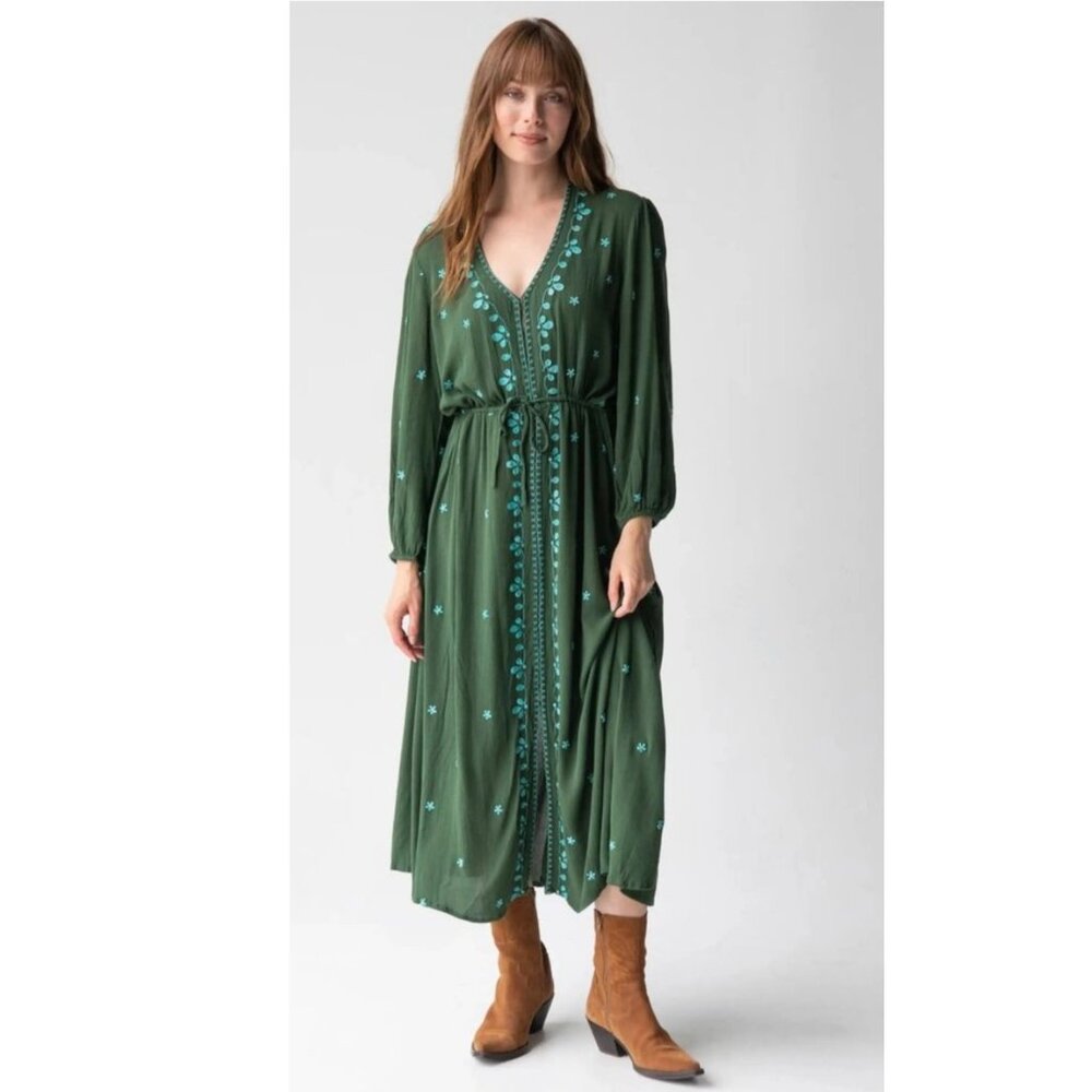 NATURAL LIFE Green Midi Dress with Teal Embroidery